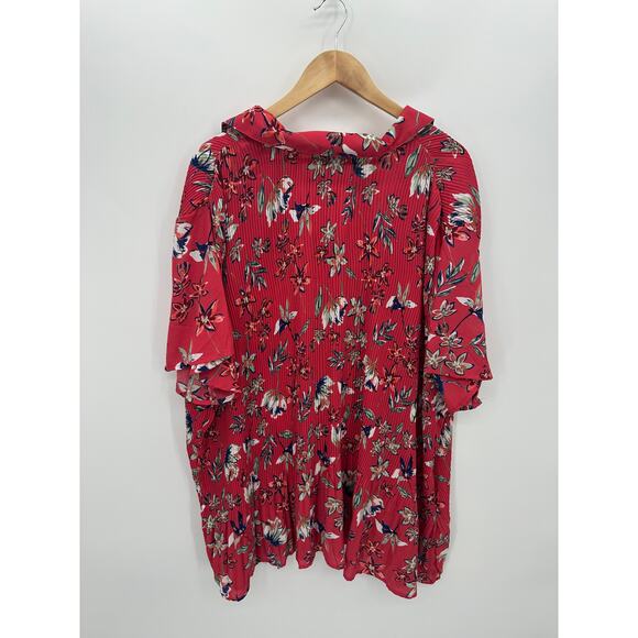 Only Necessities Button Up Top Women 3X Red/Pink Floral Georgette Pleated - Picture 2 of 8